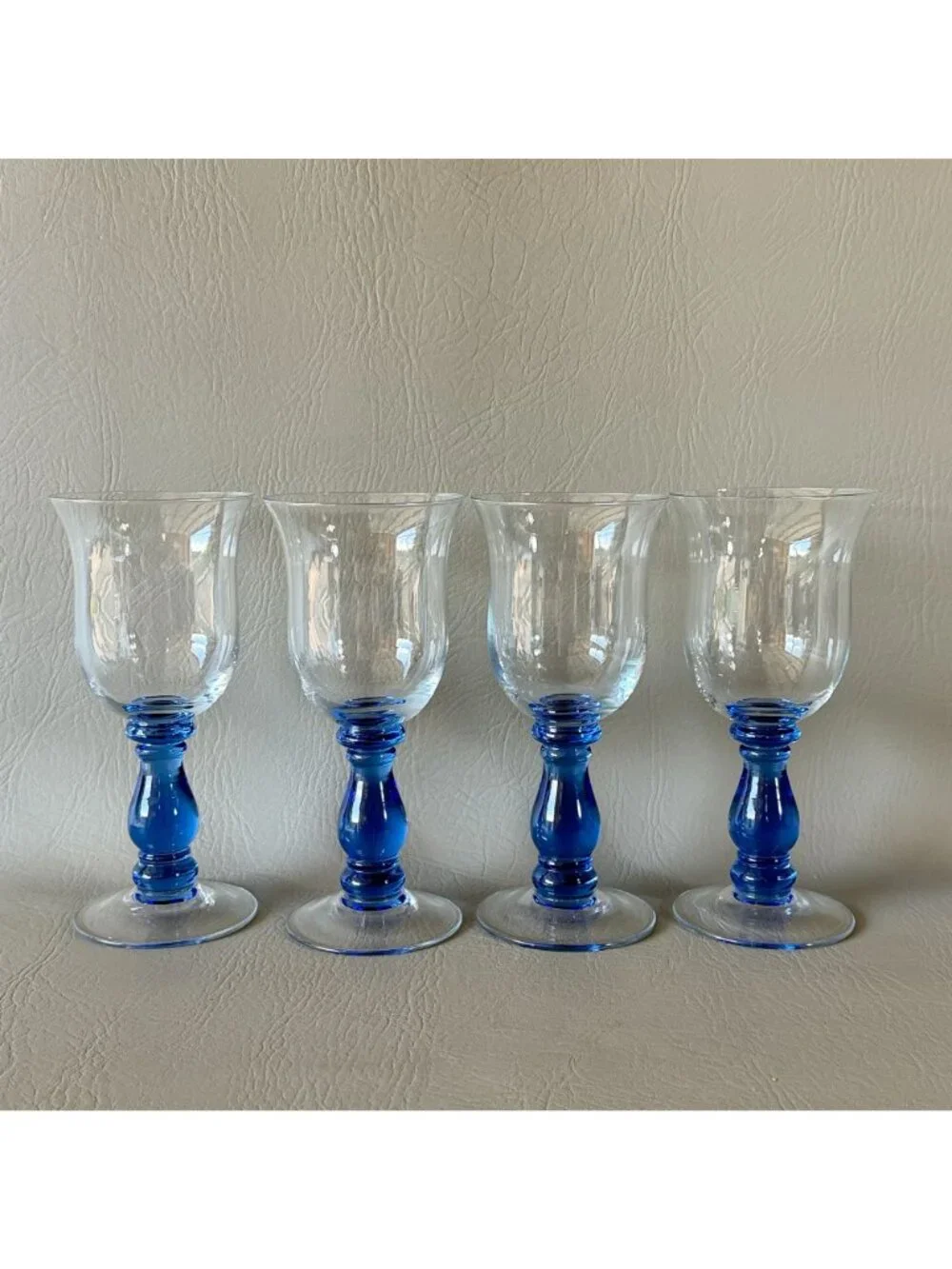 Vintage Royal Blue Stem Wine Glasses Water Goblets Tulip Clear Bowl Set of 4